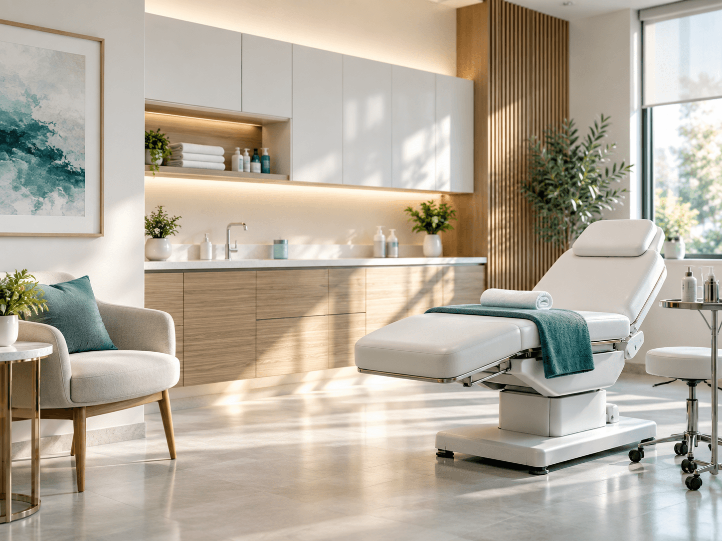 Wood-panelled treatment room with a treatment table
