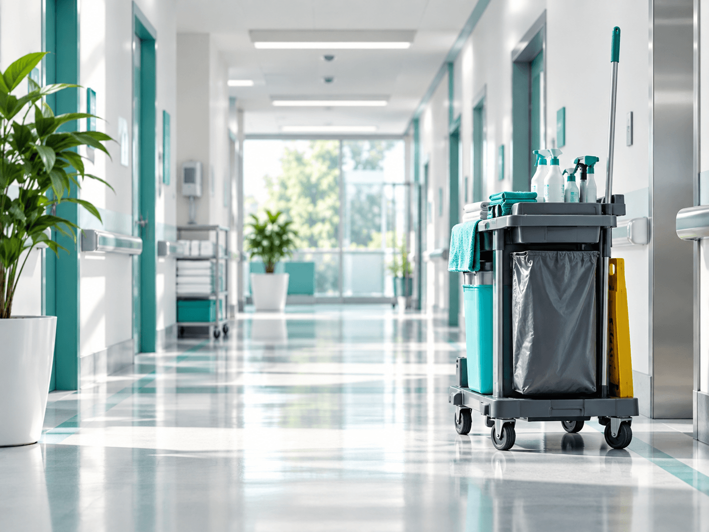 Housekeeping trolley with mop, cloths and spray bottles in a corridor
