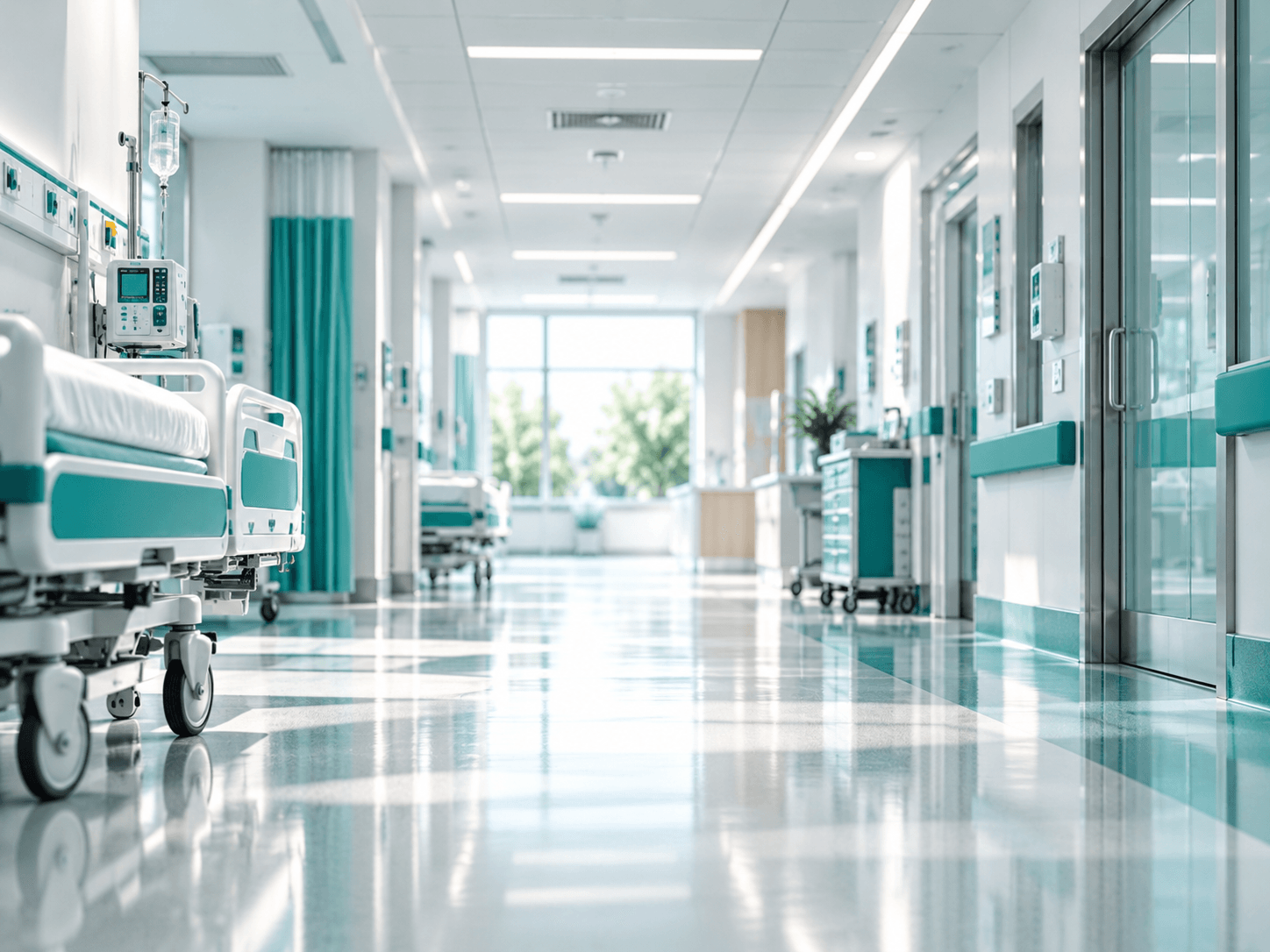 Hospital corridor lit by ceiling panels